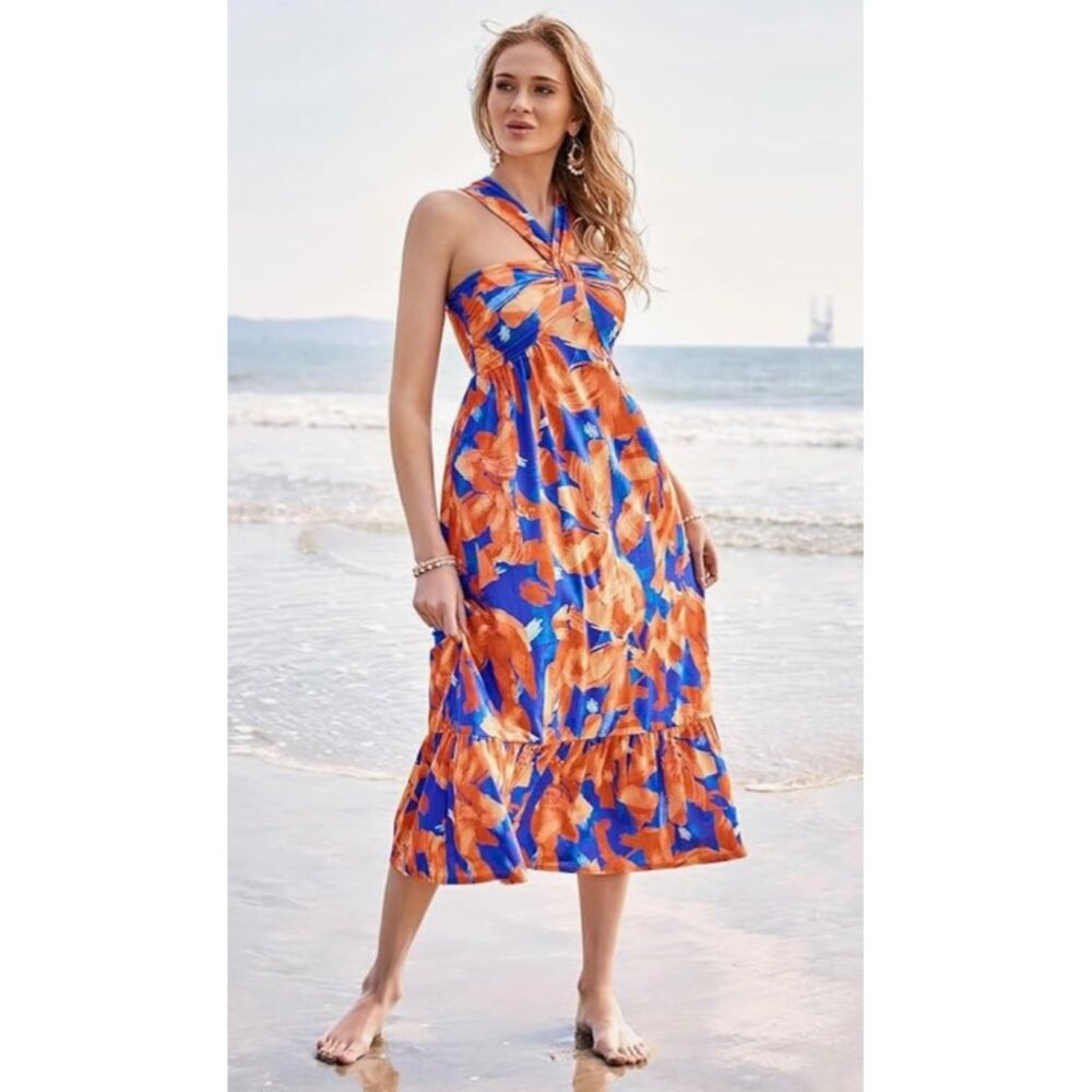 Grace Karin Womens Floral Print Halter Maxi Dress Size Small blue and orange